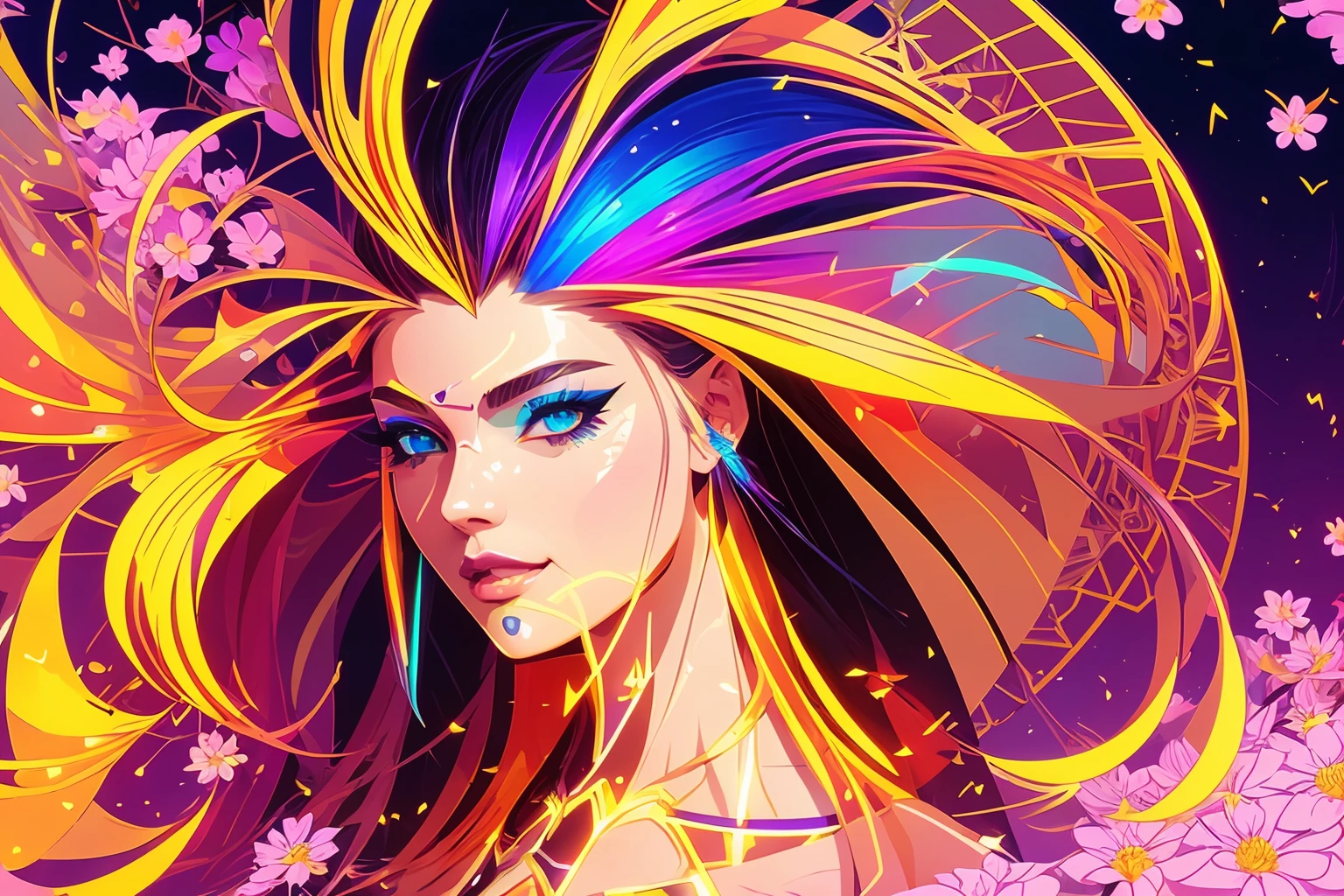 modelshoot style, A illustration, concept art, visual art,((vector style)), (flat color), golden colors, anime, a world in beautiful woman head with lightning, colorful shine, flowers, fantasy, artstation, beautiful, epic, crystalline, colorful, vivid, HD, highly detailed, rim lighting, god rays