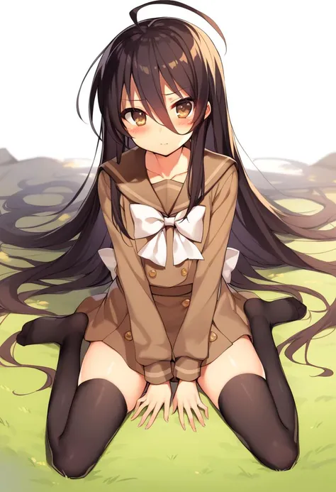 1girl, shana, + +, antenna hair, black hair, black thighhighs, blurry, blurry foreground, blush, bow, brown bow, brown eyes, brown sailor collar, brown serafuku, brown shirt, brown skirt, collarbone, depth of field, food, hair between eyes, long hair, long sleeves, no shoes, on grass, sailor collar, school uniform, serafuku, shirt, sitting, skirt, sleeves past wrists, solo, thighhighs, very long hair, wariza, white background, white bow, absurdres, highres, masterpiece, best quality, mid, <lora:char - shana - v1 - bionagato:1>