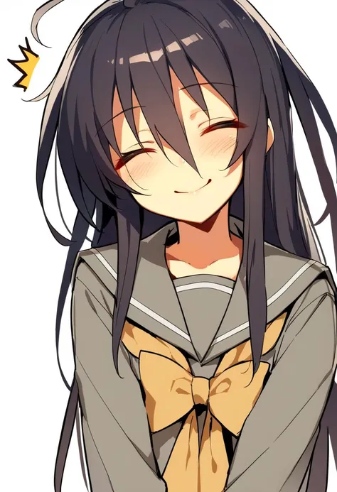 1girl, shana, ^^^, ahoge, black hair, closed eyes, facing viewer, grey serafuku, hair between eyes, long hair, serafuku, simple background, smile, solo, upper body, white background, absurdres, highres, masterpiece, best quality, mid, <lora:char - shana - v1 - bionagato:0.9>
