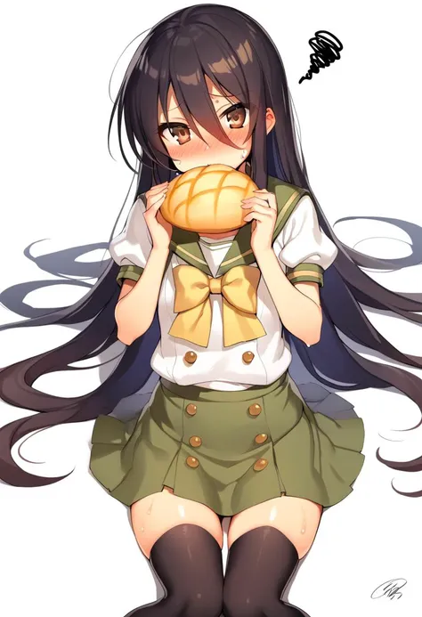 1girl, shana, black hair, black thighhighs, blush, bow, bread, brown eyes, food, food in mouth, green sailor collar, green skirt, hair between eyes, hands up, holding, holding food, long hair, looking at viewer, melon bread, nose blush, pleated skirt, puffy short sleeves, puffy sleeves, sailor collar, school uniform, serafuku, shirt, short sleeves, signature, simple background, sitting, skirt, solo, squiggle, sweat, thighhighs, very long hair, white background, white shirt, yellow bow, absurdres, highres, masterpiece, best quality, mid, <lora:char - shana - v1 - bionagato:0.9>