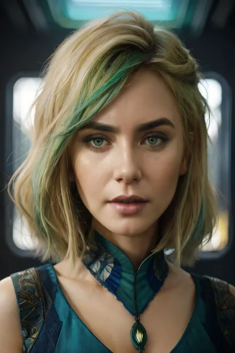 face portrait photo of lcn,(blue and green short dress), (dirty blonde hair), alluring portrait, intricate, highly detailed, digital painting, artstation, concept art, naughty, sharp focus, cinematic lighting, illustration, art by artgerm and greg rutkowski, alphonse mucha, cgsociety <lora:LilyCollins-RealVision-V1.0:1>
