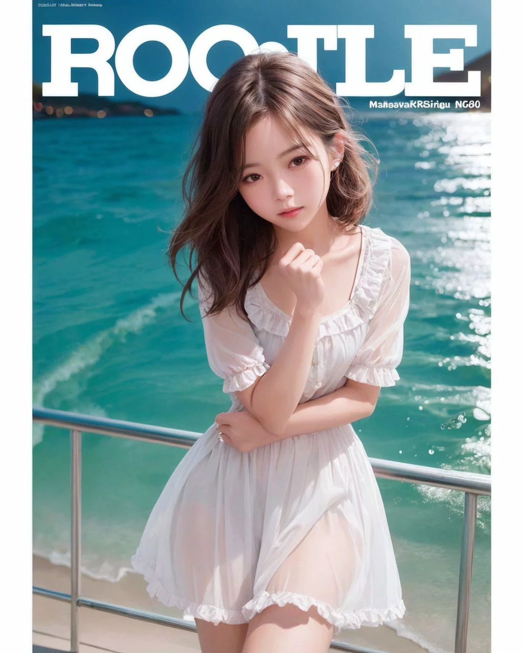 (8k, RAW photo, best quality, masterpiece:1.2), fashion magazine cover,
professional portrait of a ((cute)) girl wearing cute fashionable frilled clothes, beautiful sea, ((at night))