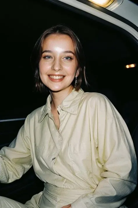 close-up portrait of danilova wearing casual jumpsuit, inside car, (night) <lora:danilova:1> , 1woman closed smile on viewer, pale skin, (round face:1.2), (curvy body:0.4), extremely delicate, intricate details, flashlight illumination, analog film grain, masterful technique, creative refinement, official onlyfans, Best quality, masterpiece, ultra high res, (photorealistic:1.2), <lora:90sflash_v2:0.55>