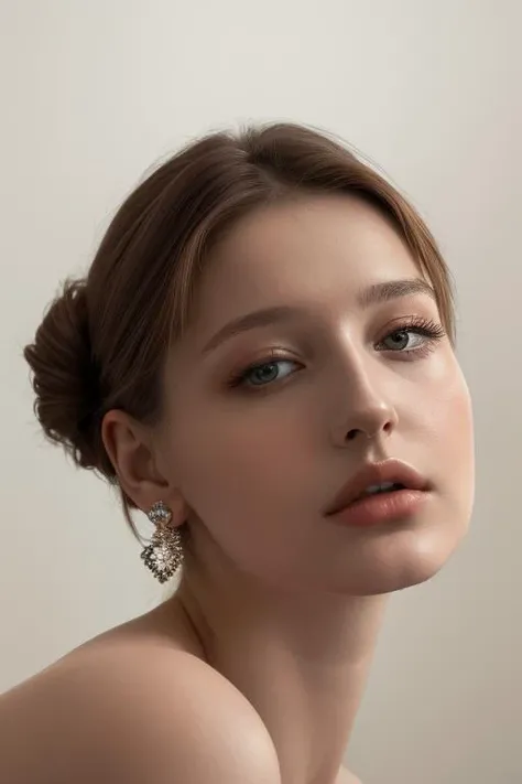raw low-angle view, close up portrait of danilova wearing casual cloth, <lora:danilova:1> , looking at viewer, 1woman, pale skin, (round face:1.2), (curvy body:0.4), medium updo brown hair, put seductive face, extremely delicate, intricate details, vivid illumination, atmospheric depth, masterful technique, naturalistic representations, harmonious composition, creative refinement, official onlyfans, Best quality, masterpiece, ultra high res, (photorealistic:1.2),