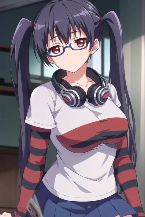 iorikousaka, <lyco:iorikousaka-lyco-nochekaiser:1>,
iori kousaka, black hair, twintails, glasses, (red eyes:1.5),
BREAK skirt, thighhighs, pantyhose, (striped sleeves:1.5), shirt, headphones, t-shirt, clothes writing, semi-rimless eyewear, headphones around neck, raglan sleeves,
BREAK looking at viewer,
BREAK indoors,
BREAK <lora:GoodHands-vanilla:1>, (masterpiece:1.2), best quality, high resolution, unity 8k wallpaper, (illustration:0.8), (beautiful detailed eyes:1.6), extremely detailed face, perfect lighting, extremely detailed CG, (perfect hands, perfect anatomy),