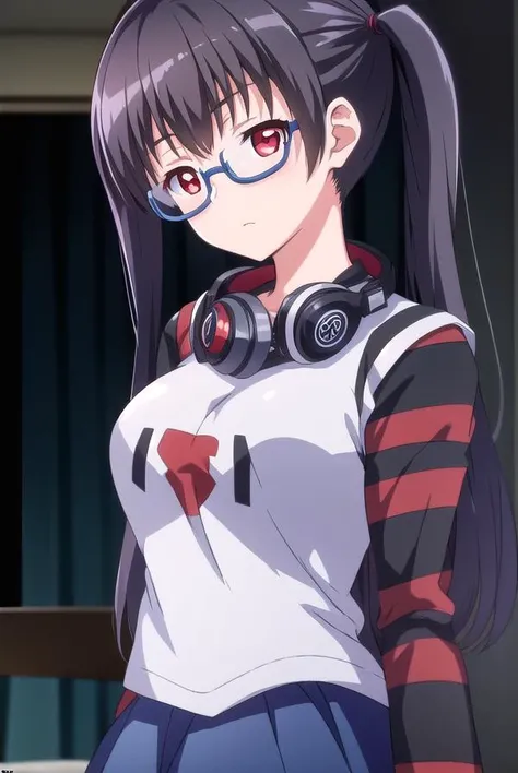 iorikousaka, <lyco:iorikousaka-lyco-nochekaiser:1>,
iori kousaka, black hair, twintails, glasses, (red eyes:1.5),
BREAK skirt, thighhighs, pantyhose, (striped sleeves:1.5), shirt, headphones, t-shirt, clothes writing, semi-rimless eyewear, headphones around neck, raglan sleeves,
BREAK looking at viewer,
BREAK indoors,
BREAK <lora:GoodHands-vanilla:1>, (masterpiece:1.2), best quality, high resolution, unity 8k wallpaper, (illustration:0.8), (beautiful detailed eyes:1.6), extremely detailed face, perfect lighting, extremely detailed CG, (perfect hands, perfect anatomy),