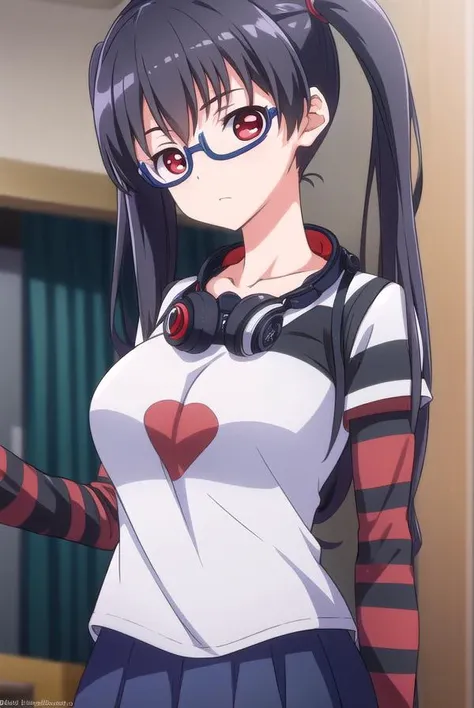iorikousaka, <lyco:iorikousaka-lyco-nochekaiser:1>,
iori kousaka, black hair, twintails, glasses, (red eyes:1.5),
BREAK skirt, thighhighs, pantyhose, (striped sleeves:1.5), shirt, headphones, t-shirt, clothes writing, semi-rimless eyewear, headphones around neck, raglan sleeves,
BREAK looking at viewer,
BREAK indoors,
BREAK <lora:GoodHands-vanilla:1>, (masterpiece:1.2), best quality, high resolution, unity 8k wallpaper, (illustration:0.8), (beautiful detailed eyes:1.6), extremely detailed face, perfect lighting, extremely detailed CG, (perfect hands, perfect anatomy),