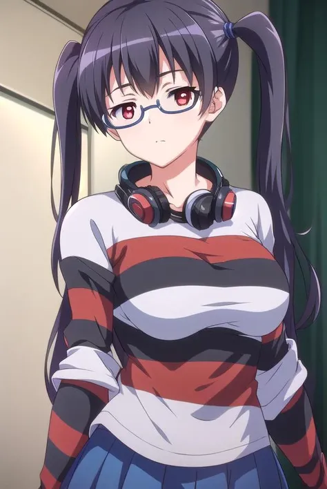iorikousaka, <lyco:iorikousaka-lyco-nochekaiser:1>,
iori kousaka, black hair, twintails, glasses, (red eyes:1.5),
BREAK skirt, thighhighs, pantyhose, (striped sleeves:1.5), shirt, headphones, t-shirt, clothes writing, semi-rimless eyewear, headphones around neck, raglan sleeves,
BREAK looking at viewer,
BREAK indoors,
BREAK <lora:GoodHands-vanilla:1>, (masterpiece:1.2), best quality, high resolution, unity 8k wallpaper, (illustration:0.8), (beautiful detailed eyes:1.6), extremely detailed face, perfect lighting, extremely detailed CG, (perfect hands, perfect anatomy),