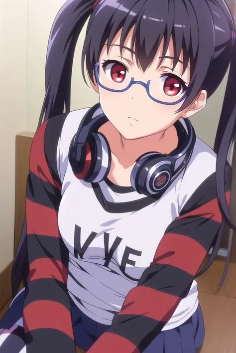 iorikousaka, <lyco:iorikousaka-lyco-nochekaiser:1>,
iori kousaka, black hair, twintails, glasses, (red eyes:1.5),
BREAK skirt, thighhighs, pantyhose, (striped sleeves:1.5), shirt, headphones, t-shirt, clothes writing, semi-rimless eyewear, headphones around neck, raglan sleeves,
BREAK looking at viewer,
BREAK indoors,
BREAK <lora:GoodHands-vanilla:1>, (masterpiece:1.2), best quality, high resolution, unity 8k wallpaper, (illustration:0.8), (beautiful detailed eyes:1.6), extremely detailed face, perfect lighting, extremely detailed CG, (perfect hands, perfect anatomy),