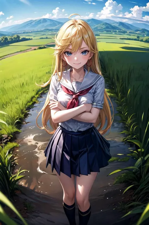 (masterpiece, best quality, detailed), 1girl, solo, looking at viewer, psgpanty, hoop earrings,
school uniform, pleated skirt, neckerchief, kneehighs, hair ribbon, rice paddy, rural, mud, power lines, scenery, hill, mountainous horizon, house, hill, fisheye, crossed arms, breast hold, arms under breasts, smile, closed mouth, smug