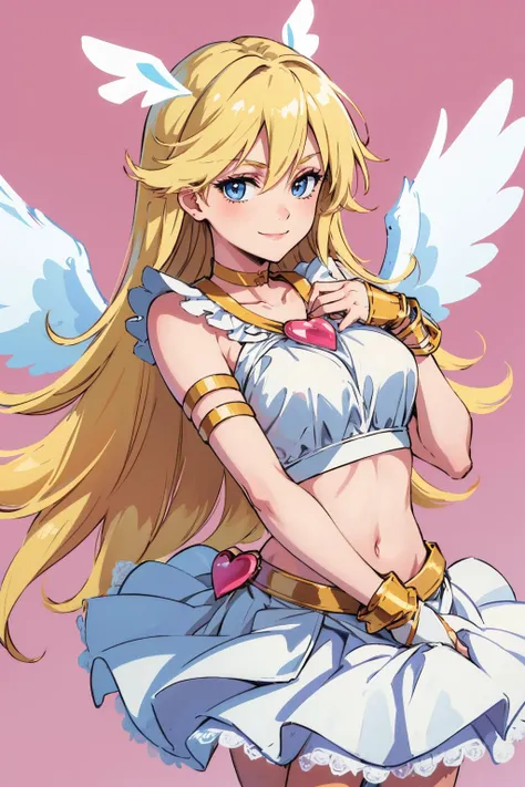 masterpiece, best quality,   <lora:psg_panty:1> crop top, brooch, bridal gauntlets, white skirt, choker, armlet, bracelet, angel wings, clouds, pink background, smile, bright
