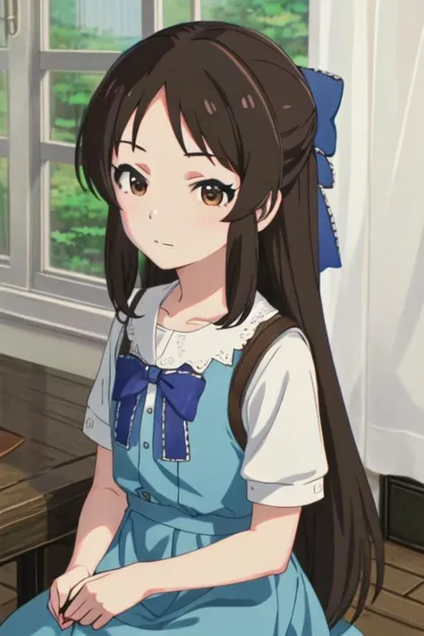 best quality, masterpiece, highres, solo, {tachibana_arisu_theidolmastercinderellagirlsu149:1.15}, brown_hair, long_hair, brown_eyes, bow, hair_bow, upper_body, blue_bow, closed_mouth, bangs