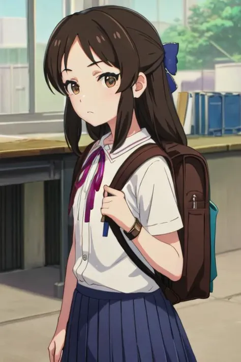 best quality, masterpiece, highres, solo, {tachibana_arisu_theidolmastercinderellagirlsu149:1.15}, brown_hair, long_hair, brown_eyes, bow, hair_bow, upper_body, blue_bow, closed_mouth, bangs, 1girl, backpack, bag, collared_shirt, looking_at_viewer, neck_ribbon, pleated_skirt, red_ribbon, ribbon, school_uniform, shirt, short_sleeves, skirt, white_shirt, green_skirt, chromatic_aberration