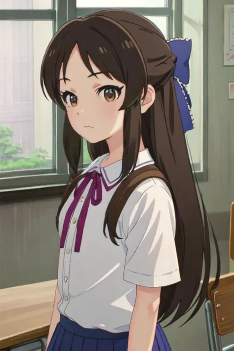 best quality, masterpiece, highres, solo, {tachibana_arisu_theidolmastercinderellagirlsu149:1.15}, brown_hair, long_hair, brown_eyes, bow, hair_bow, upper_body, blue_bow, closed_mouth, bangs, 1girl, neck_ribbon, ribbon, shirt, indoors, red_ribbon, white_shirt, school_uniform, short_sleeves, window, collared_shirt, half_updo