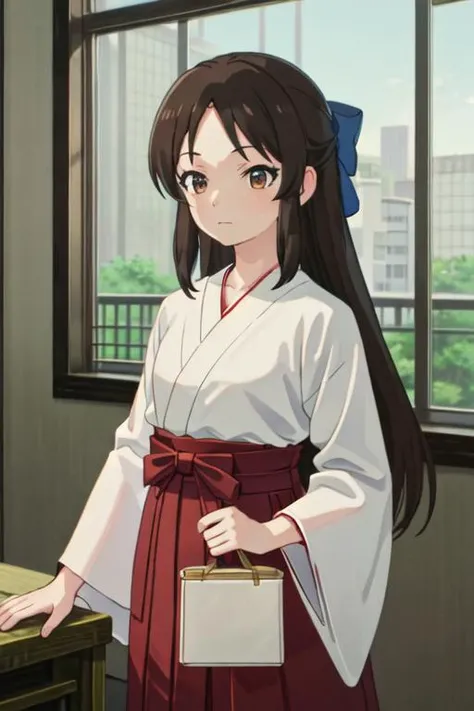 best quality, masterpiece, highres, solo, {white kimono:1.35}, {red hakama:1.35}, {wide sleeves:1.20}, {tachibana_arisu_theidolmastercinderellagirlsu149:1.15}, brown_hair, long_hair, brown_eyes, bow, hair_bow, upper_body, blue_bow, closed_mouth, bangs