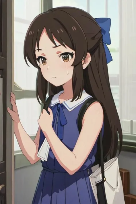 best quality, masterpiece, highres, solo, {tachibana_arisu_theidolmastercinderellagirlsu149:1.15}, brown_hair, long_hair, brown_eyes, bow, hair_bow, upper_body, blue_bow, closed_mouth, bangs, 1girl, indoors, ribbon, sleeveless, dress, neck_ribbon, sleeveless_dress, bag, collared_dress, closed_eyes, sweatdrop, pink_dress