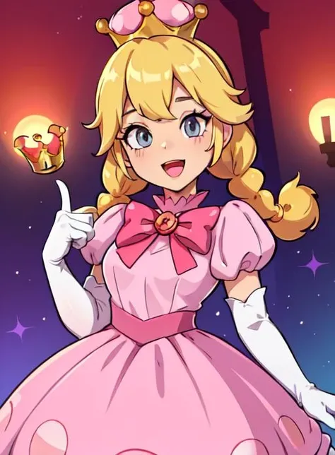 best quality, (masterpiece:1.5),(ultra-detailed), (high quality:1.3), (high resolution), <lora:peachette:0.7>,1girl, blonde hair, blue eyes, bowtie, braid, braids, crown, dress, elbow gloves, gloves, grey eyes, jewelry, long hair, looking at viewer, open mouth, peachette, pink bow, pink dress, puffy short sleeves, puffy sleeves, smile, solo, striped, super crown, twin braids, white gloves