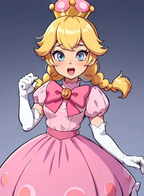 best quality, (masterpiece:1.5),(ultra-detailed), (high quality:1.3), (high resolution), <lora:peachette:0.7>,1girl, blonde hair, blue eyes, bowtie, braid, braids, crown, dress, elbow gloves, gloves, grey eyes,  jewelry, long hair, looking at viewer, open mouth, peachette, pink bow, pink dress, puffy short sleeves, puffy sleeves, smile, solo, striped, super crown, twin braids, white gloves