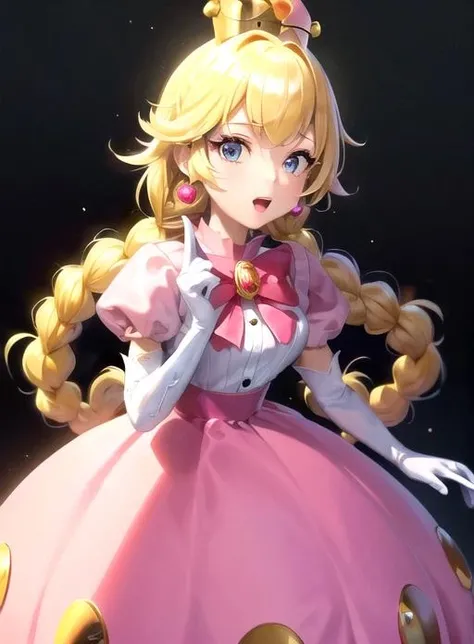 best quality, (masterpiece:1.5),(ultra-detailed), (high quality:1.3), (high resolution), <lora:peachette:0.7>,1girl, blonde hair, blue eyes, bowtie, braid, braids, crown, dress, elbow gloves, gloves, grey eyes, jewelry, long hair, looking at viewer, open mouth, peachette, pink bow, pink dress, puffy short sleeves, puffy sleeves, smile, solo, striped, super crown, twin braids, white gloves