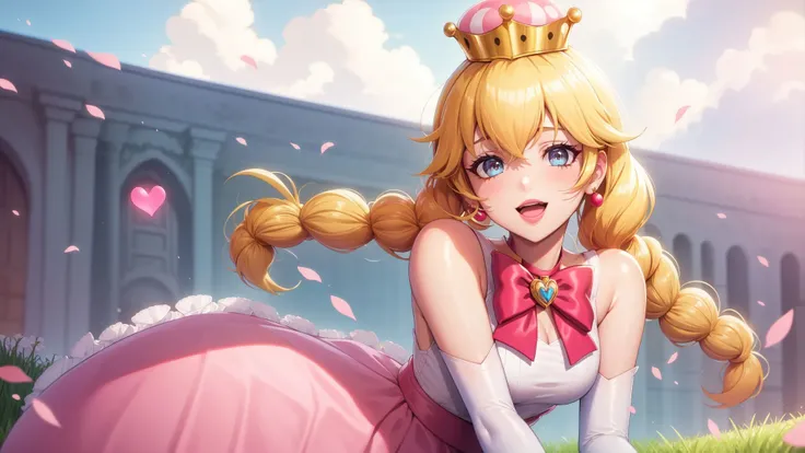 best quality,(masterpiece:1.5),(ultra-detailed),(high quality:1.3),(high resolution),<lora:peachette-10:0.7>,1girl,blonde hair,blue eyes,bowtie,braid,braids,crown,dress,elbow gloves,gloves,grey eyes,heart,jewelry,long hair,looking at viewer,open mouth,peachette,pink bow,pink dress,puffy short sleeves,puffy sleeves,smile,solo,striped,super crown,twin braids,white gloves,glossy lips,castle,clouds,grass,cherry blossoms,glossy skin,oily skin,beautiful light,choker,detailled eyes,