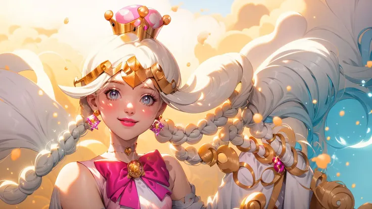 best quality,(masterpiece:1.5),(ultra-detailed),(high quality:1.3),(high resolution),<lora:peachette-10>,1girl,blonde hair,bowtie,braid,braids,crown,dress,elbow gloves,gloves,grey eyes,heart,jewelry,long hair,looking at viewer,peachette,pink bow,pink dress,puffy short sleeves,puffy sleeves,smile,solo,striped,super crown,twin braids,white gloves,glossy lips,castle,clouds,grass,cherry blossoms,glossy skin,oily skin,beautiful light,choker,detailled eyes,perfect ligthing,bloom,cinematic lighting,adult,perfect skin,