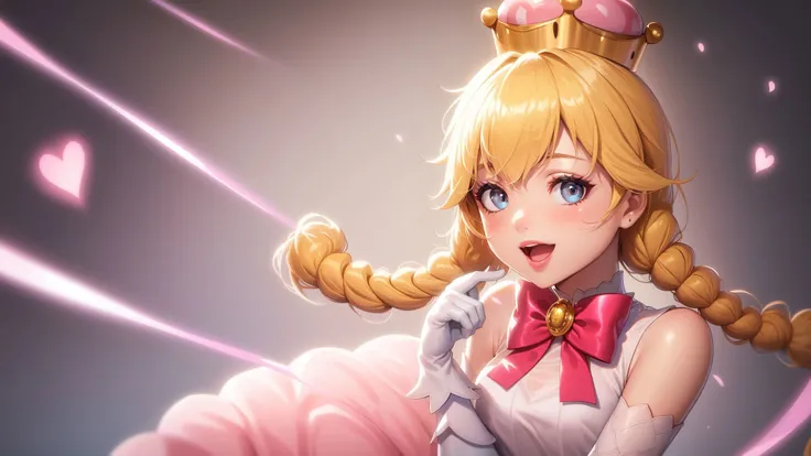 best quality,(masterpiece:1.5),(ultra-detailed),(high quality:1.3),(high resolution),<lora:peachette-10:0.7>,1girl,blonde hair,blue eyes,bowtie,braid,braids,crown,dress,elbow gloves,gloves,grey eyes,heart,jewelry,long hair,looking at viewer,open mouth,peachette,pink bow,pink dress,puffy short sleeves,puffy sleeves,smile,solo,striped,super crown,twin braids,white gloves,glossy lips,