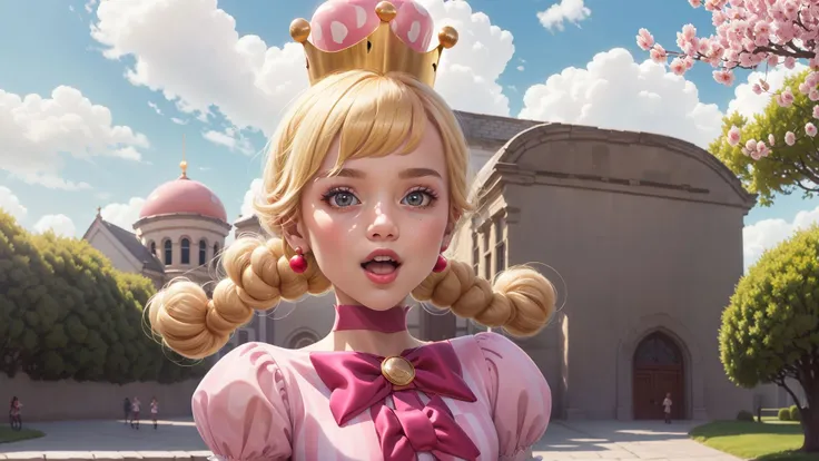 best quality,(masterpiece:1.5),(ultra-detailed),(high quality:1.3),(high resolution),<lora:peachette-10>,1girl,blonde hair,bowtie,braid,braids,crown,dress,elbow gloves,gloves,grey eyes,heart,jewelry,long hair,looking at viewer,open mouth,peachette,pink bow,pink dress,puffy short sleeves,puffy sleeves,smile,solo,striped,super crown,twin braids,white gloves,glossy lips,castle,clouds,grass,cherry blossoms,glossy skin,oily skin,beautiful light,choker,detailled eyes,perfect ligthing,bloom,cinematic lighting,adult,perfect skin,