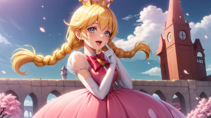 best quality,(masterpiece:1.5),(ultra-detailed),(high quality:1.3),(high resolution),<lora:peachette-10:0.7>,1girl,blonde hair,blue eyes,bowtie,braid,braids,crown,dress,elbow gloves,gloves,grey eyes,heart,jewelry,long hair,looking at viewer,open mouth,peachette,pink bow,pink dress,puffy short sleeves,puffy sleeves,smile,solo,striped,super crown,twin braids,white gloves,glossy lips,castle,clouds,grass,cherry blossoms,glossy skin,oily skin,beautiful light,choker,detailled eyes,