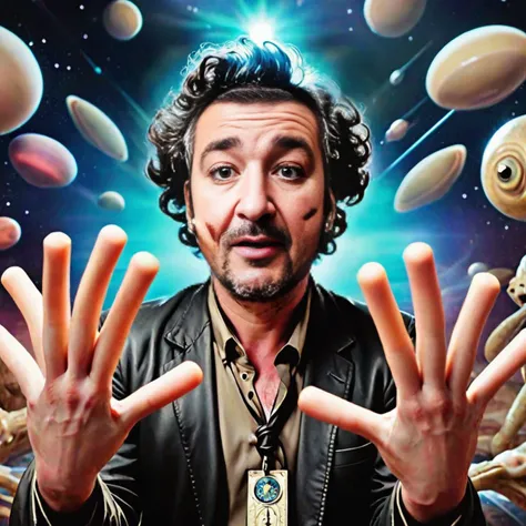 Giorgio A. Tsoukalos, an enthusiastic and knowledgeable figure in the field of extraterrestrial research, stands with an aura of excitement and intrigue. His eyes gleam with a deep curiosity as he confidently engages with otherworldly beings surrounding him. This vivid image, captured in a mesmerizing photograph, showcases a dynamic interaction between Tsoukalos and these mysterious entities. The image is meticulously composed, with vibrant colors, sharp details, and a professional touch that elevates its visual impact. It exudes a sense of realism and professionalism, captivating viewers and immersing them in Tsoukalos' captivating world of alien encounters. <lora:aihands:1> showing hands