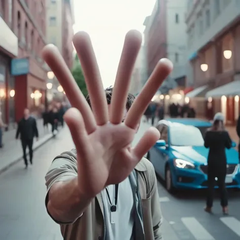 Positive: cinematic photo a photo of a man showing long fingers hands making a high five <lora:aihands:1> . 35mm photograph, film, bokeh, professional, 4k, highly detailed