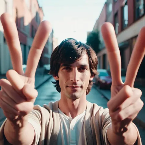 Positive: cinematic photo a photo of a man showing long fingers hands making v peace sign <lora:aihands:1> . 35mm photograph, film, bokeh, professional, 4k, highly detailed