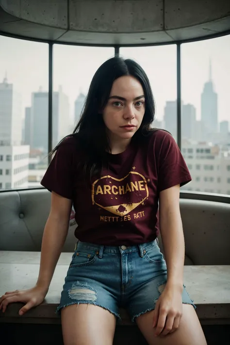 stunning candid fitness fashion color raw portrait, (sfw:1.2) [1girl:<lora:BLB:0.8> BellaBaxterTI a girl:0.0], as a flirty astronaut, (frayed denim shorts and simple dark red t-shirt)}, sitting on a podium in a quirky dainty hotel lobby interior, grandiose furniture, quirky graffiti, quirky cracked concrete,  natural light, gritty and realistic, color raw photo, epic character composition, sharp focus, subsurface scattering, f2, 35mm, film grain