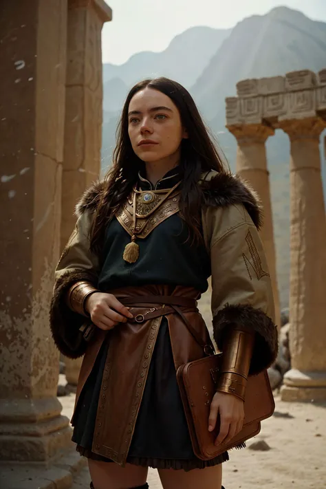 stunning natural bronze age era color analog photo, (sfw:1.2) [1girl:<lora:BLB:0.8> BellaBaxterTI a girl:0.0], as a naive dancer, bronze age era  outfit with fur and copper armor parts, indoors in a  bronze age era  temple with nomadic runes, natural lighting, sunbeams, wild and nomadic mood, runes and totems, vivid tribal pattern, nomadic fur fabrics, nomadic copper armor, nomadic aesthetic, color analog photo, epic character composition, sharp focus, subsurface scattering, f2, 35mm, film grain
