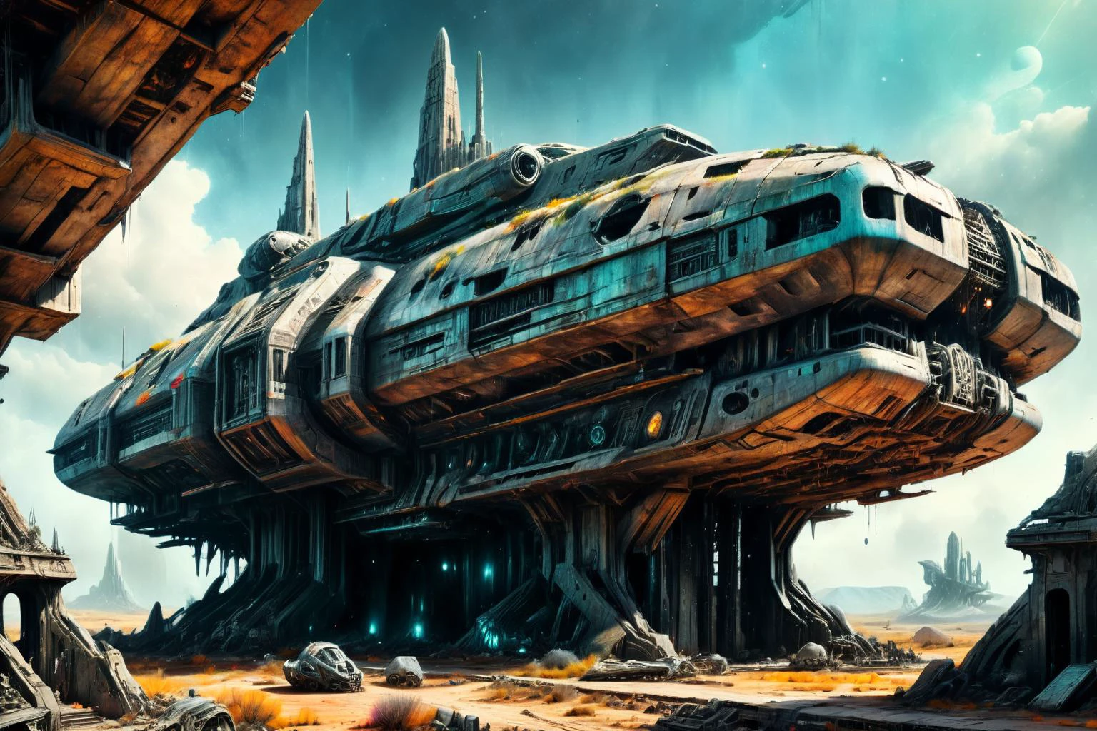 <lora:xl_more_art-full_v1:0.7>, (best quality:1.5), (hyperrealism:1.3), (intricate emotional details:1.5), (ultra detailed), (sharp focus), (sharp details), detailed digital illustration of a Ancient starship graveyard with salvageable tech, Retro, <lora:SDXLPaintSplash:0.7> colorsplash , <lora:EnvyIndustrialScifiXL01:1>