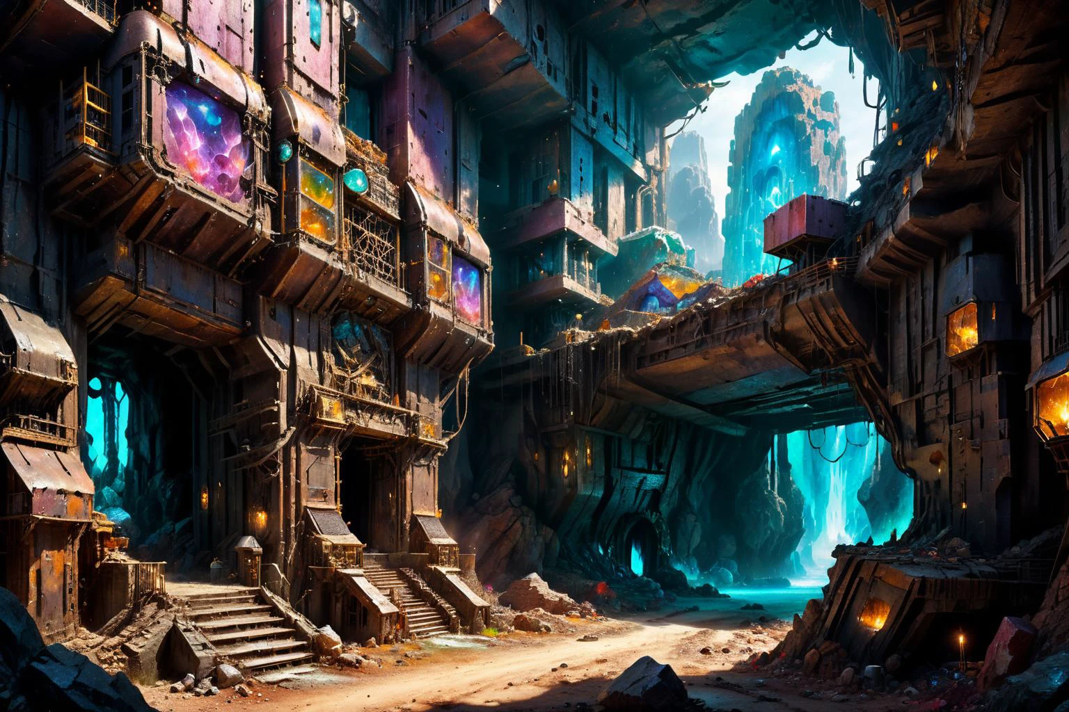 <lora:xl_more_art-full_v1:0.7>, (best quality:1.5), (hyperrealism:1.3), (intricate emotional details:1.5), (ultra detailed), (sharp focus), (sharp details), detailed digital illustration of a Enchanted mine with gemstone guardians, Post-apocalyptic, <lora:ColorART:0.7> ColorART , <lora:EnvyIndustrialScifiXL01:1>