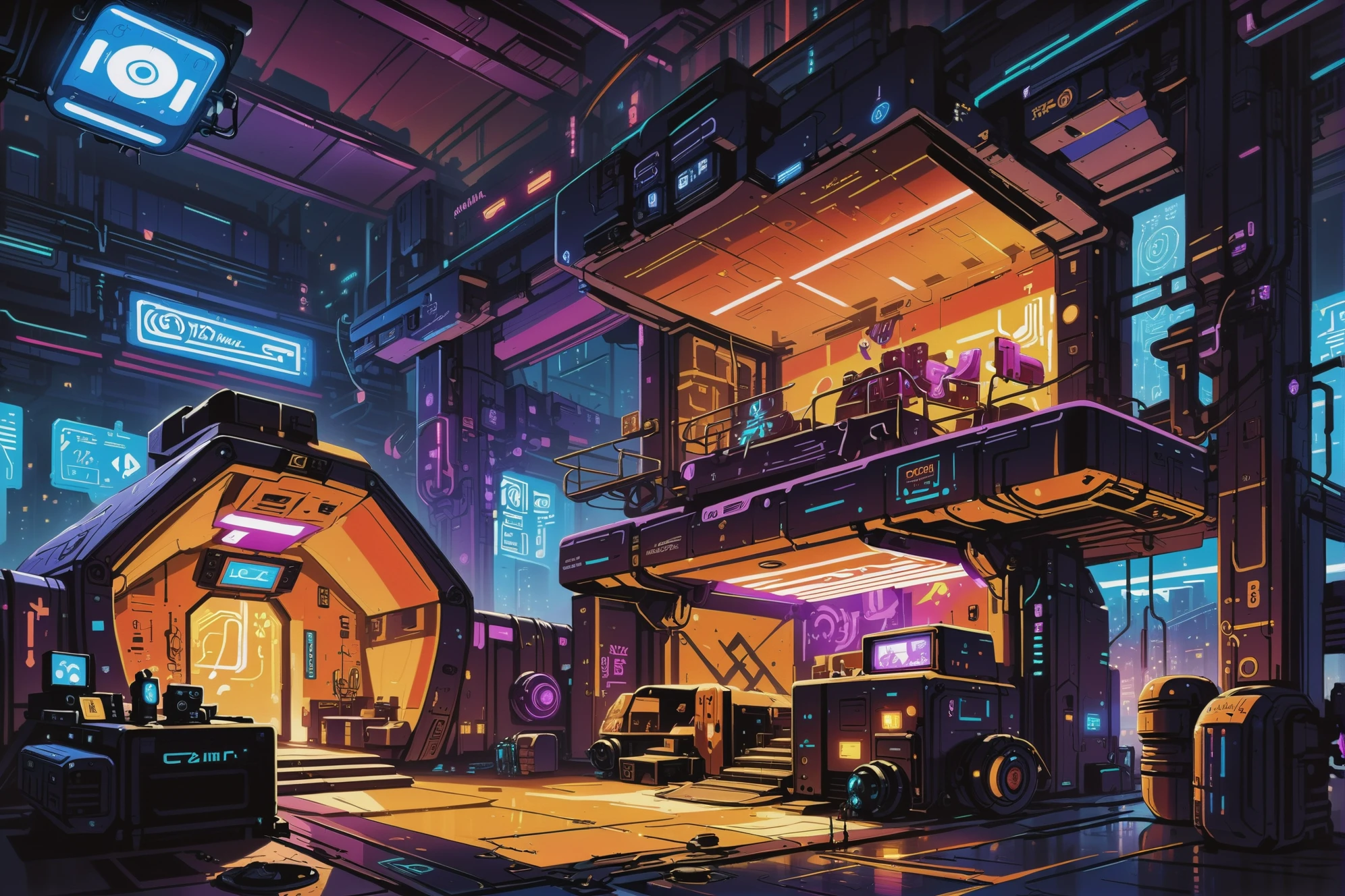 digital painting, cyberpunk, brightly lit interior, in a Intimate Gypsy camp<lora:EnvyBetterHiresFixXL01:0:hr=1><lora:EnvyIndustrialScifiXL01:1>