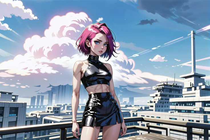 digital painting, 1girl, woman, punk rocker bad girl, cute, cameltoe, [:wild costume design,:0.2], punk hair, iridescent white hair with slate gray highlights, Crimped Hair, leather skirt, bombshell hair, magenta hair, low-tied long hair, toned body, athletic build, narrow waist, medium breasts, japanese, (morning, blue sky, clouds, scenery, in a Gloomy Shrubland:1.3)<lora:EnvyIndustrialScifiXL01:1.5><lora:EnvyBetterHiresFixXL01:0:hr=1>