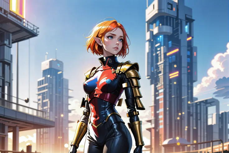 digital painting, 1girl, woman, elf heavy knight lord villainess, armor, pauldrons, bombshell hair, sparkling neon red-orange hair, short hair, small breasts, tall, athletic perfect hourglass figure,, caucasian, (golden hour, blue sky, clouds, architecture, industrial park:1)<lora:EnvyIndustrialScifiXL01:1.5><lora:EnvyBetterHiresFixXL01:0:hr=1>