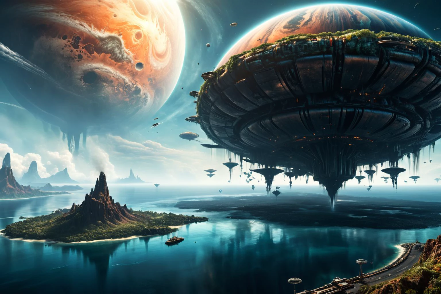 <lora:xl_more_art-full_v1:0.7>, (best quality:1.5), (hyperrealism:1.3), (intricate emotional details:1.5), (ultra detailed), (sharp focus), (sharp details), detailed digital illustration of a Hovering islands in gas giant's atmosphere, Dieselpunk, <lora:fracolor:0.7> fracolor , <lora:EnvyIndustrialScifiXL01:1>