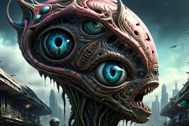 <lora:xl_more_art-full_v1:0.7>, (best quality:1.5), (hyperrealism:1.3), (intricate emotional details:1.5), (ultra detailed), (sharp focus), (sharp details), detailed digital illustration of a Symbiotic relationship between humans and aliens, Decopunk, <lora:fracolor:0.7> fracolor , <lora:EnvyIndustrialScifiXL01:1>