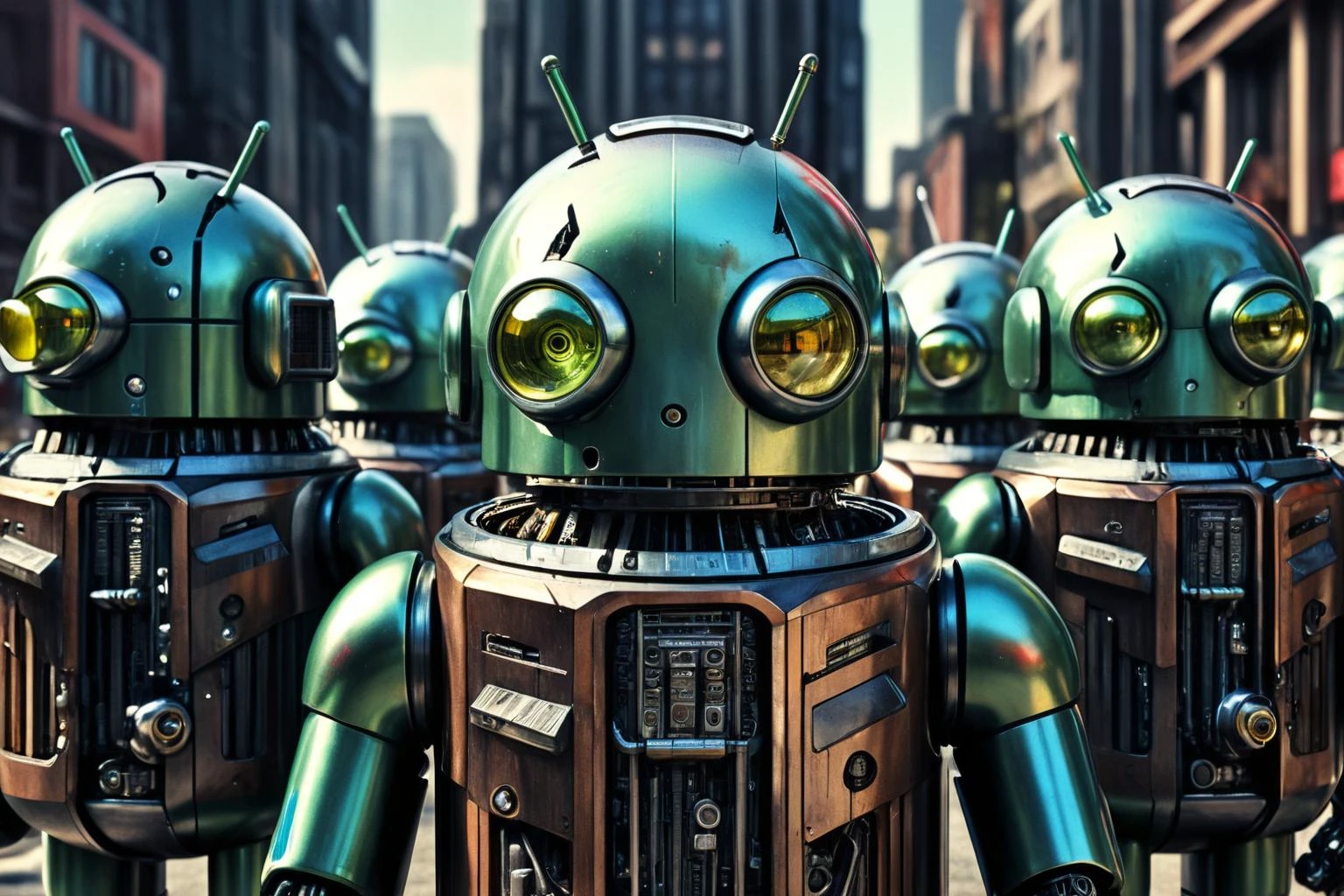 <lora:xl_more_art-full_v1:0.7>, (best quality:1.5), (hyperrealism:1.3), (intricate emotional details:1.5), (ultra detailed), (sharp focus), (sharp details), detailed digital illustration of a Android rebellion establishing independent society, Retro, <lora:fracolor:0.7> fracolor , <lora:EnvyIndustrialScifiXL01:1>