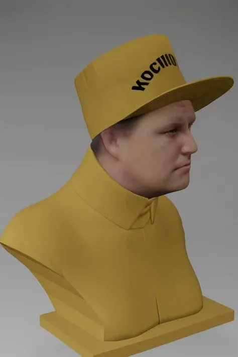 <lora:funny_guy_U:1>, figurine on the table, man, detailed face, natural color of head, human sculpture, visor hat, looks sideways