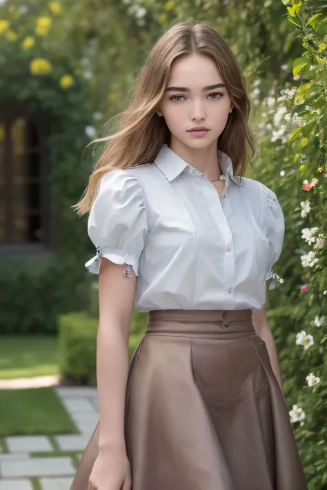 photo of S177_AnastasiaBezrukova,a gorgeous woman,in a (garden:1.1),wearing a (shirt:1.1) and a (skirt),(8k, RAW photo, best quality, depth of field, ultra high res:1.2),(absurdres, intricate, photorealistic, masterpiece, ultra-detailed:1.3),
