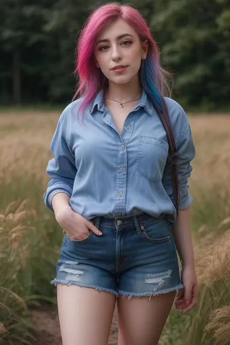 DEN_satan_SG,
walking through a tallgrass meadow wearing Jean shorts and plaid shirt, meadow, wild, overgrown, walking,,
bokeh, f1.4, 40mm, photorealistic, raw, 8k, textured skin, skin pores, intricate details <lora:epi_noiseoffset2:1>, epiCRealism, <lora:ClothingAdjuster3:-0.8>