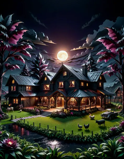 ConstructionPaper, huge contemporary farm containing, extremely detailed, 3d, 8k, led lighting, chrome palette, black accents, dark ruby at night, dark moody, surrealistic,