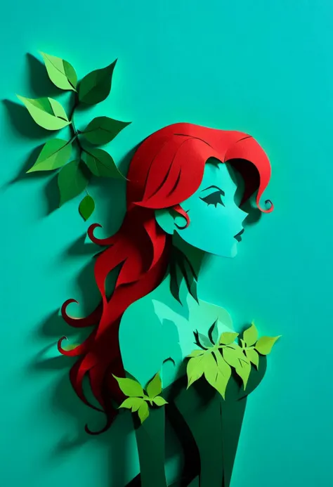 ConstructionPaper, a silhouette of a woman with long red hair and green leaves in her hair, against a teal background. she's looking down at the viewer with a thoughtful expression. pg13 _ rating