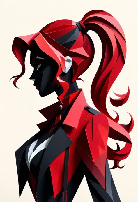 ConstructionPaper, a stylized illustration of a woman's profile with long hair, wearing a red and black jacket and a red choker around her neck, in the style of low - poly art. pg13 _ rating