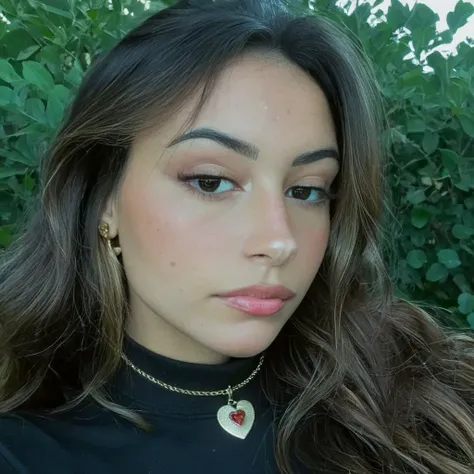 <lora:gabmoura_xl_1_standard_wo_cap-000083:1> Looking straight at the camera, Film grain, skin texture, Instagram closeup selfie of a woman with beautiful wavy hair wearing a heart necklace,f/1.8,wearing a tutleneck shirt,