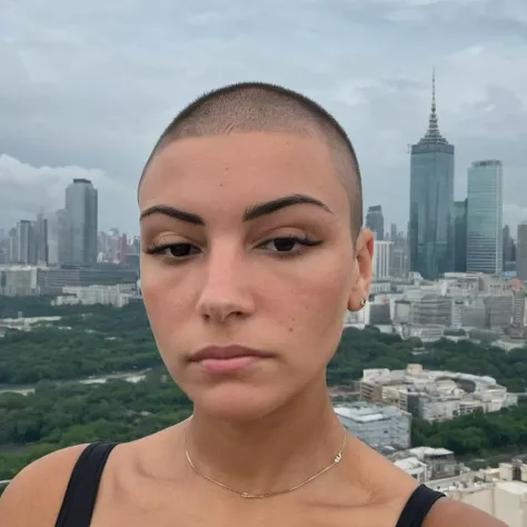 <lora:gabmoura_xl_1_standard_wo_cap-000083:1> Buzzcut, no hair, bald, (Skin Texture, pores, natural,iPhone,RAW)), natural lighting, Highest Quality closeup Portrait photo of a woman wearing no makeup with a ((buzzcut)), Nikon Z9, realistic matte skin, blurry city in the background, 8K,