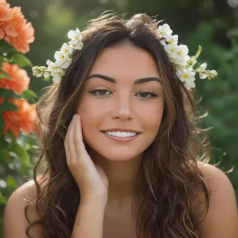 Skin texture, no makeup, Super high res closeup portrait photo of an pretty woman outdoors with long slightly wavy hair, decorative flowers in her hair,f /2.8, Canon, 85mm,cinematic, high quality,looking at the viewer, <lora:gabmoura_xl_1_standard_wo_cap-000083:1>, smiling